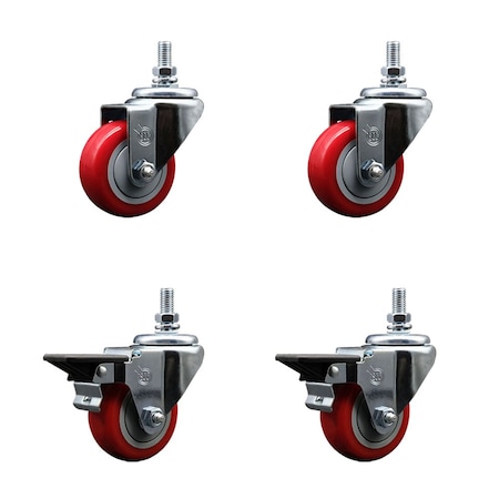 Service Caster 3 Inch Red Polyurethane 12 Inch Threaded Stem Caster Set 2 Brakes SCC SCC-TS20S314-PPUB-RED-121315-2-PLB-2